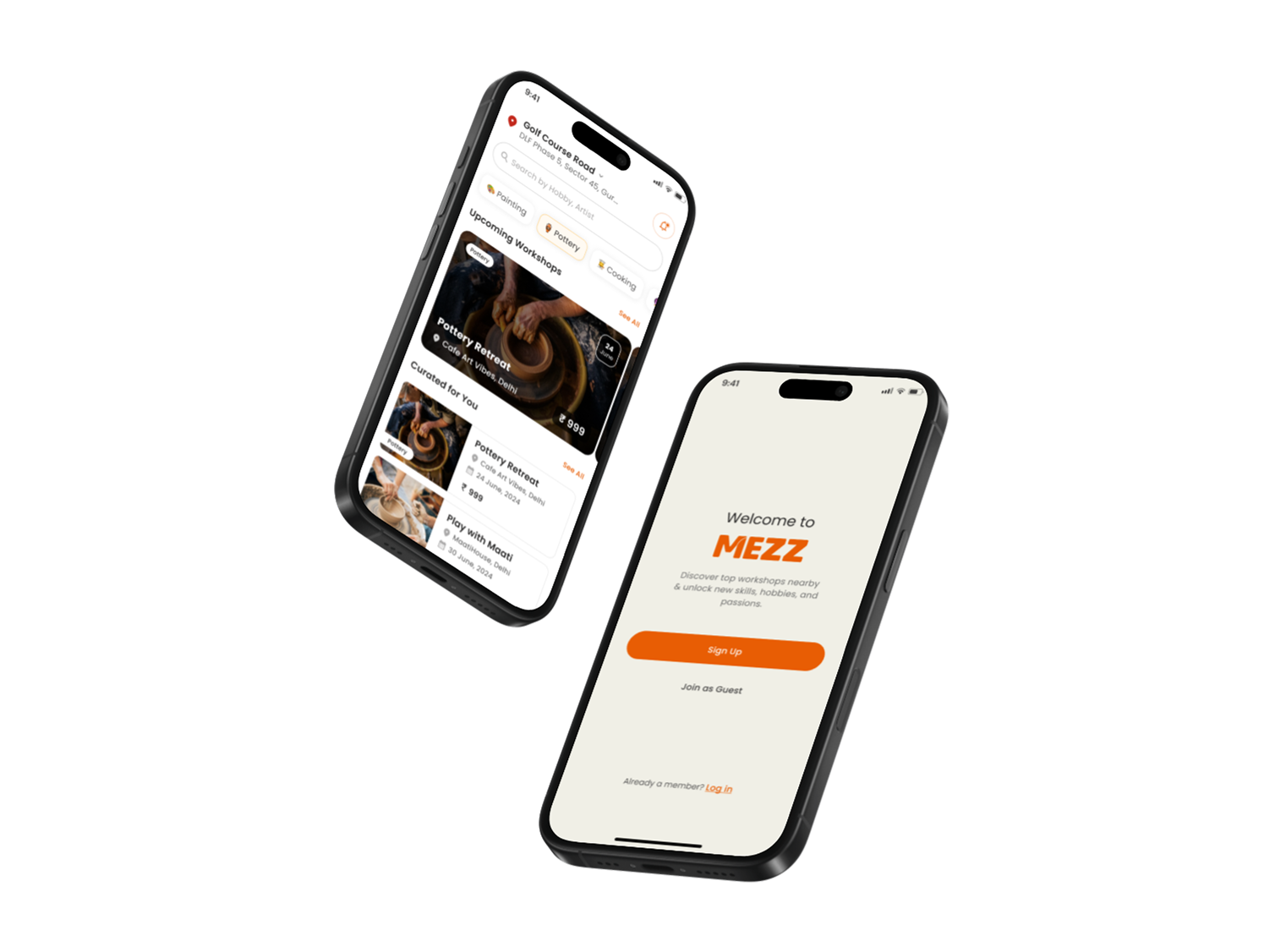Mezz app showing workshop discovery and onboarding screens